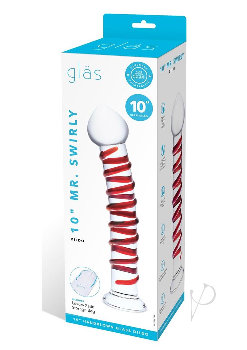 Glas Mr Swirly Glass Dildo 10 inch Clear Red packaging featuring a clear glass design with red spiral accents.