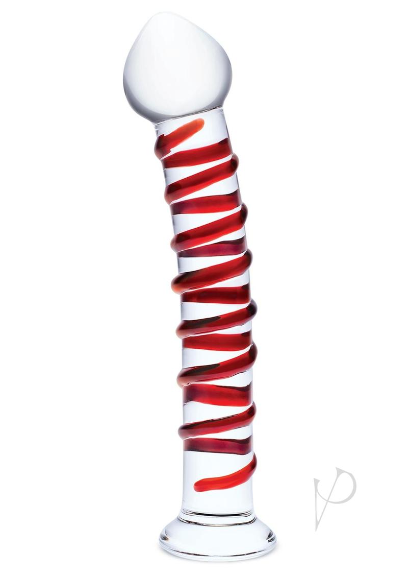 Glas Mr Swirly Glass Dildo 10 inch Clear Red with spiral ridge design and smooth glass finish.