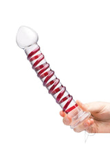 Glas Mr Swirly Glass Dildo 10 inch Clear Red held in hand with bold spiral ridge design.