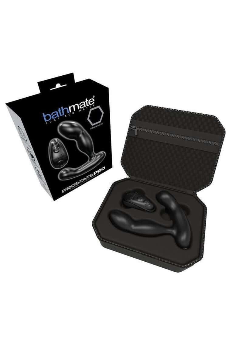 Bathmate Prostate Pro Silicone Massager Remote Black in a sleek storage case with packaging.
