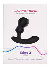 Lovense Edge 2 Silicone Prostate Massager Black packaging display with product features highlighted.