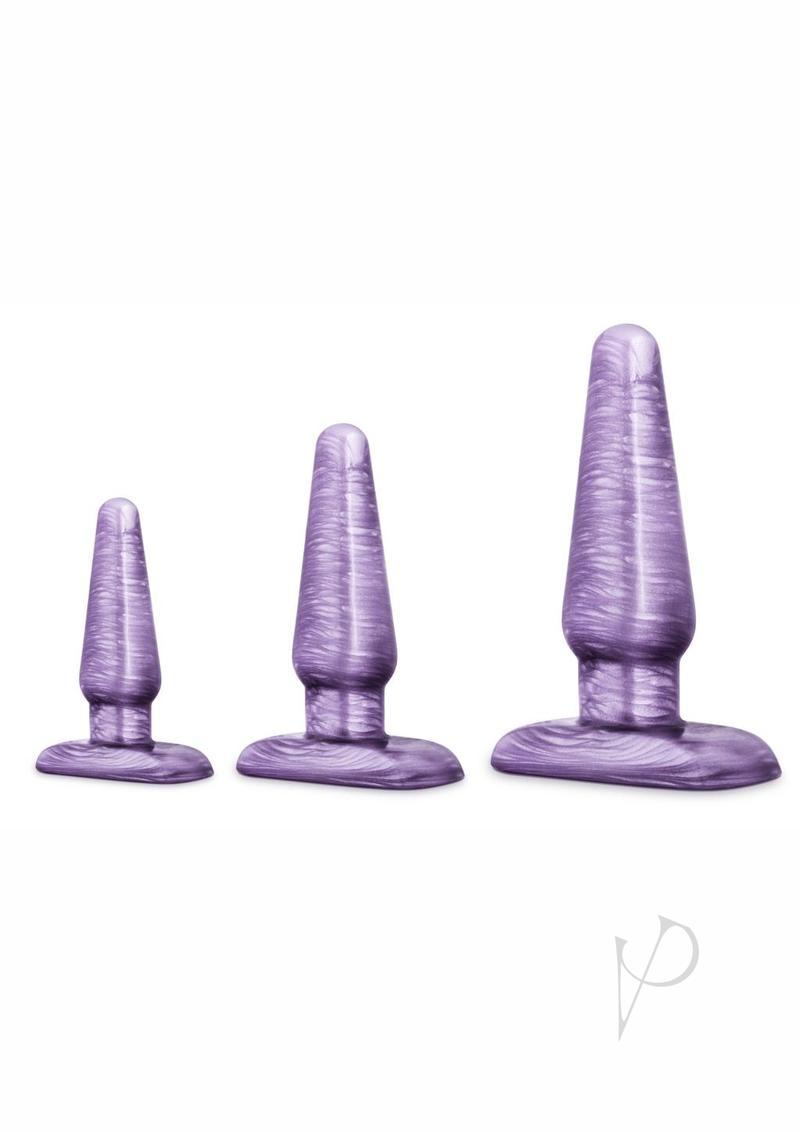 B Yours Anal Trainer Kit Purple Swirl featuring three tapered plugs in beautiful purple swirl design.