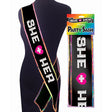 Little Genie She + Her Sash Black Rainbow Trim displayed on a mannequin and packaging for bachelorette and pride celebrations.