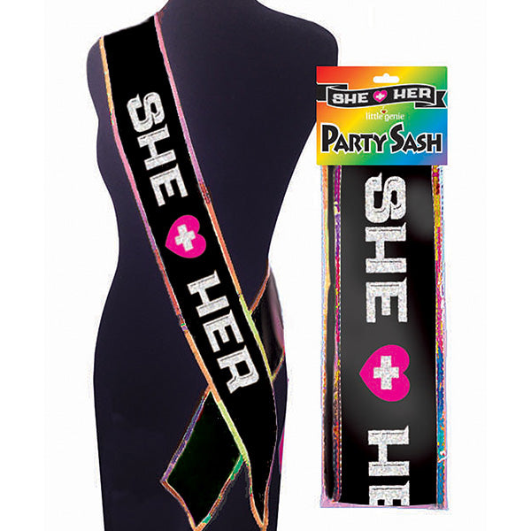Little Genie She + Her Sash Black Rainbow Trim displayed on a mannequin and packaging for bachelorette and pride celebrations.