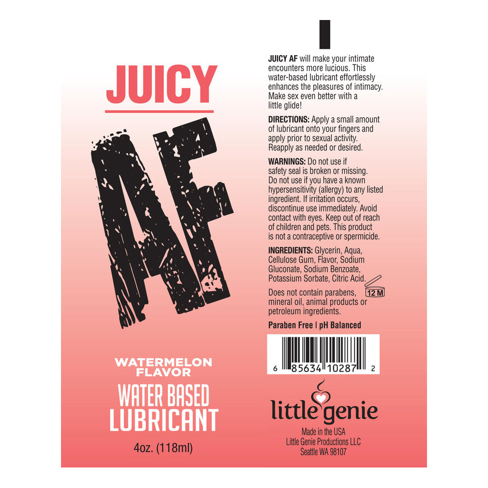 Juicy AF Watermelon Water Based Lubricant 2 Oz product label with watermelon flavor details and usage instructions.