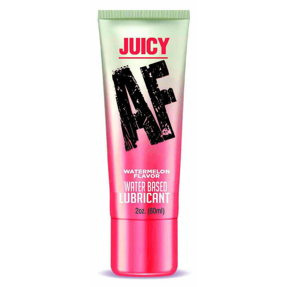 Juicy AF Water Based Lubricant 2 Oz tube displaying watermelon flavor for enhanced intimate play.