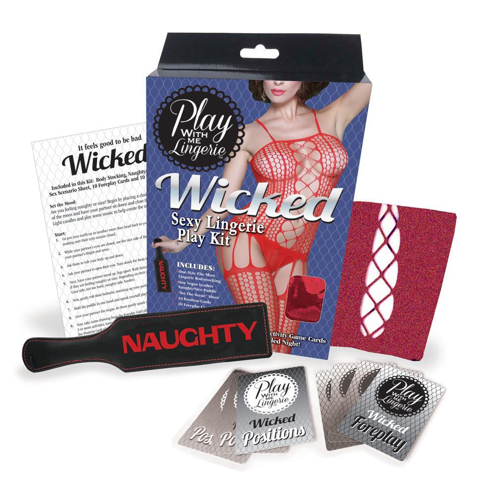 Play With Me Wicked Couples Lingerie Kit featuring sexy attire and playful guidance for a passionate evening.