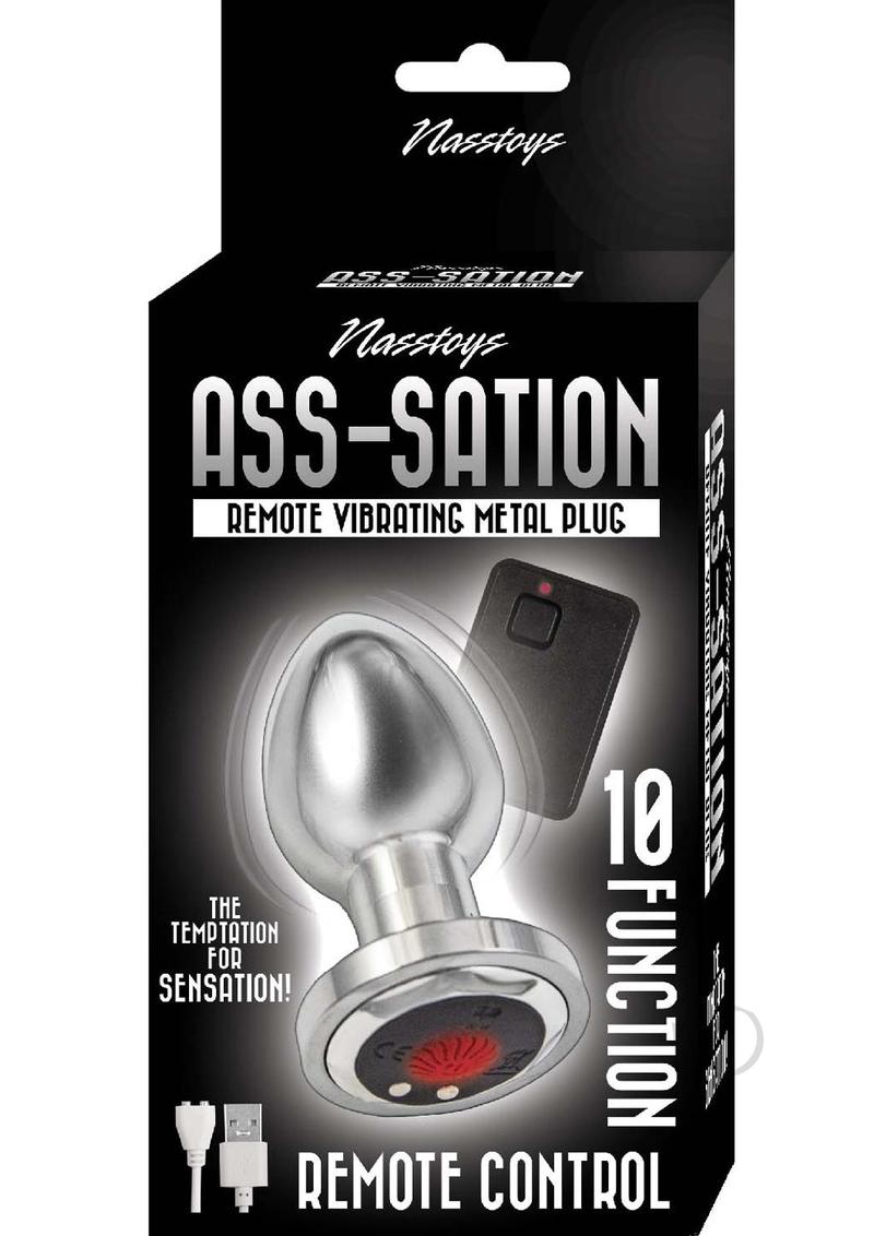 Ass-Sation Vibrating Metal Anal Plug with Remote Silver box packaging featuring 10 functions and remote control.