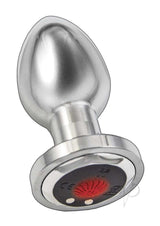 Ass-Sation Vibrating Metal Anal Plug with Remote Silver showcasing its polished design and remote control features.