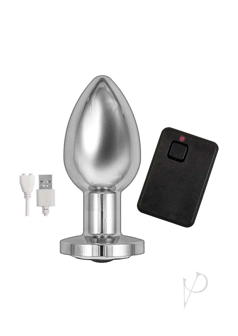 Ass-Sation Vibrating Metal Anal Plug with Remote Silver, includes remote and charging cable.