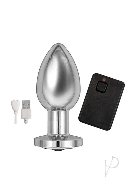 Ass-Sation Vibrating Metal Anal Plug with Remote Silver, includes remote and charging cable.