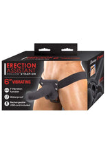 Erection Assistant Hollow Vibrating Strap-On 6 inch Black packaging showing features and benefits of the product.
