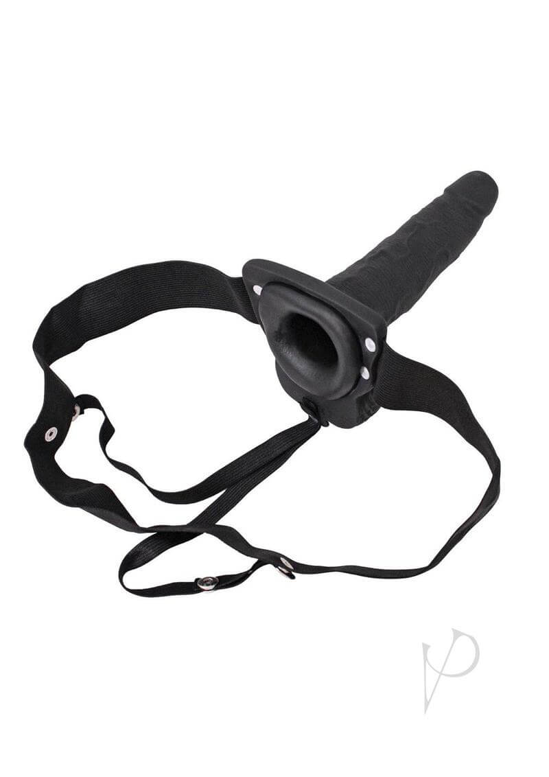 Erection Assistant Hollow Vibrating Strap-On 6 inch Black with comfortable harness for shared pleasure.