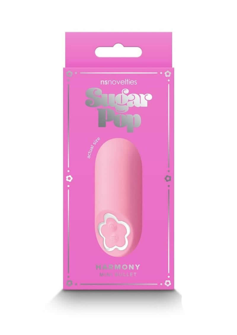 Sugar Pop Harmony Rechargeable Silicone Mini Vibrator Pink packaging with floral design and vibrant pink color.