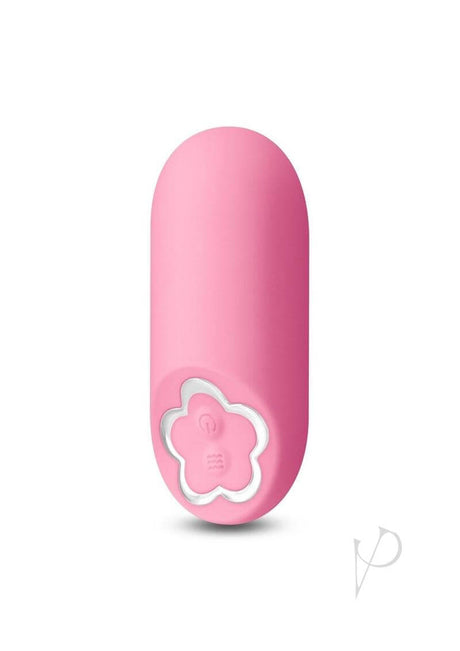 Sugar Pop Harmony Rechargeable Silicone Mini Vibrator Pink in a sleek design with a flower-shaped button.