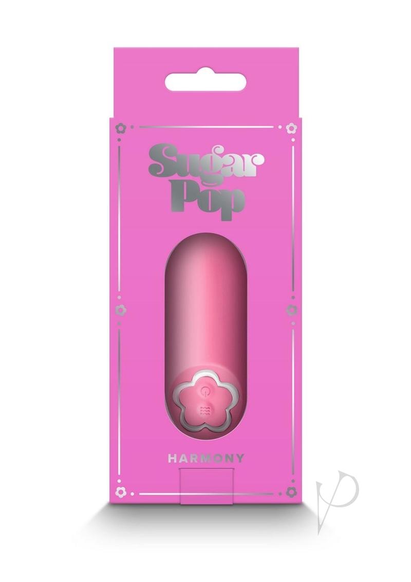 Sugar Pop Harmony Rechargeable Silicone Mini Vibrator Pink in pink packaging with flower logo and sleek design.