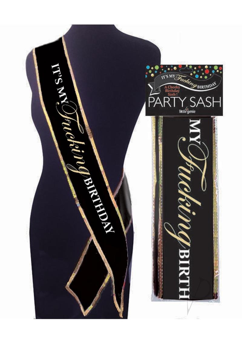 It's My F'n Birthday Sash Black/Gold displayed on a mannequin, featuring bold gold lettering on a sleek black background.