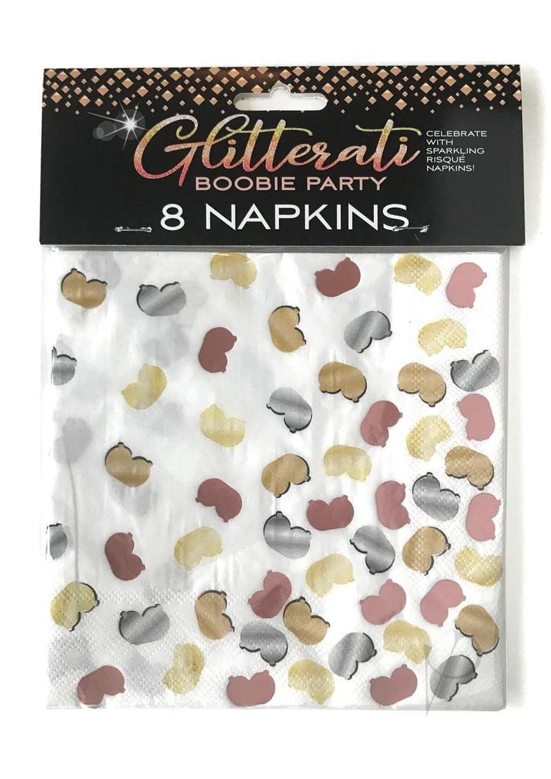 Glitterati Boobie Party Napkins 8 per Pack Multicolor with playful boobie prints in rose gold, gold, silver, and bronze.