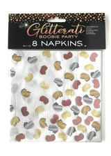 Glitterati Boobie Party Napkins 8 per Pack Multicolor with playful boobie prints in rose gold, gold, silver, and bronze.