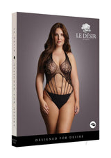 Le Desir Strappy Lace Teddy Queen Black model showcasing a delicate lace teddy with strappy design.