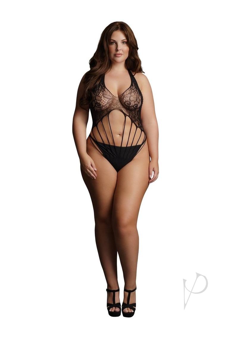 Le Desir Strappy Lace Teddy Queen Black showcasing a delicate lace pattern and bold strap design on a confident model.