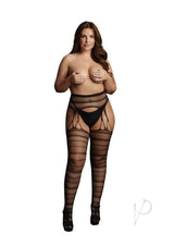 Model wearing Le Desir Suspender Striped Pantyhose Queen Black, showcasing bold striped styling and a figure-flattering fit.