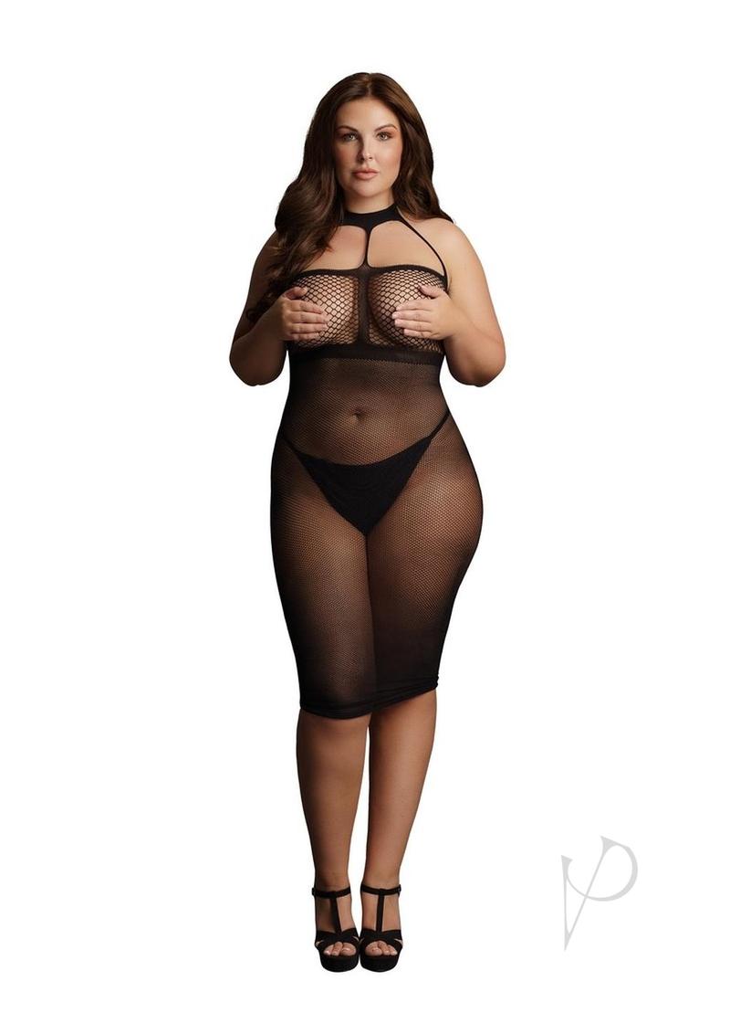 Le Desir High Neck Dress Queen Black showcased on a model, featuring a high halter neck and fishnet design.