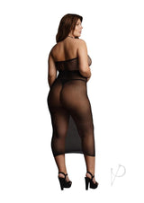 Le Desir High Neck Dress Queen Black model showcasing the back view, featuring fishnet design and curve-accentuating silhouette.