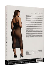 Le Desir High Neck Dress Queen Black displayed on a model showcasing its sleek silhouette and fishnet design.