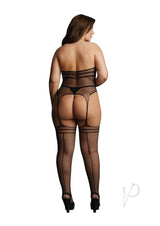 Le Desir Strappy Suspender Bodystocking Queen Black worn by a curvy model, showcasing back view with striking detailing.