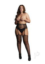Le Desir High-Waist Garterbelt Stockings Plus Size Black showcased on a confident model, emphasizing edgy hosiery design.