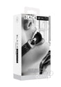 Ouch Solid Ball Gag with Bonded Leather Straps Black packaged in a sleek box displaying a model using it.