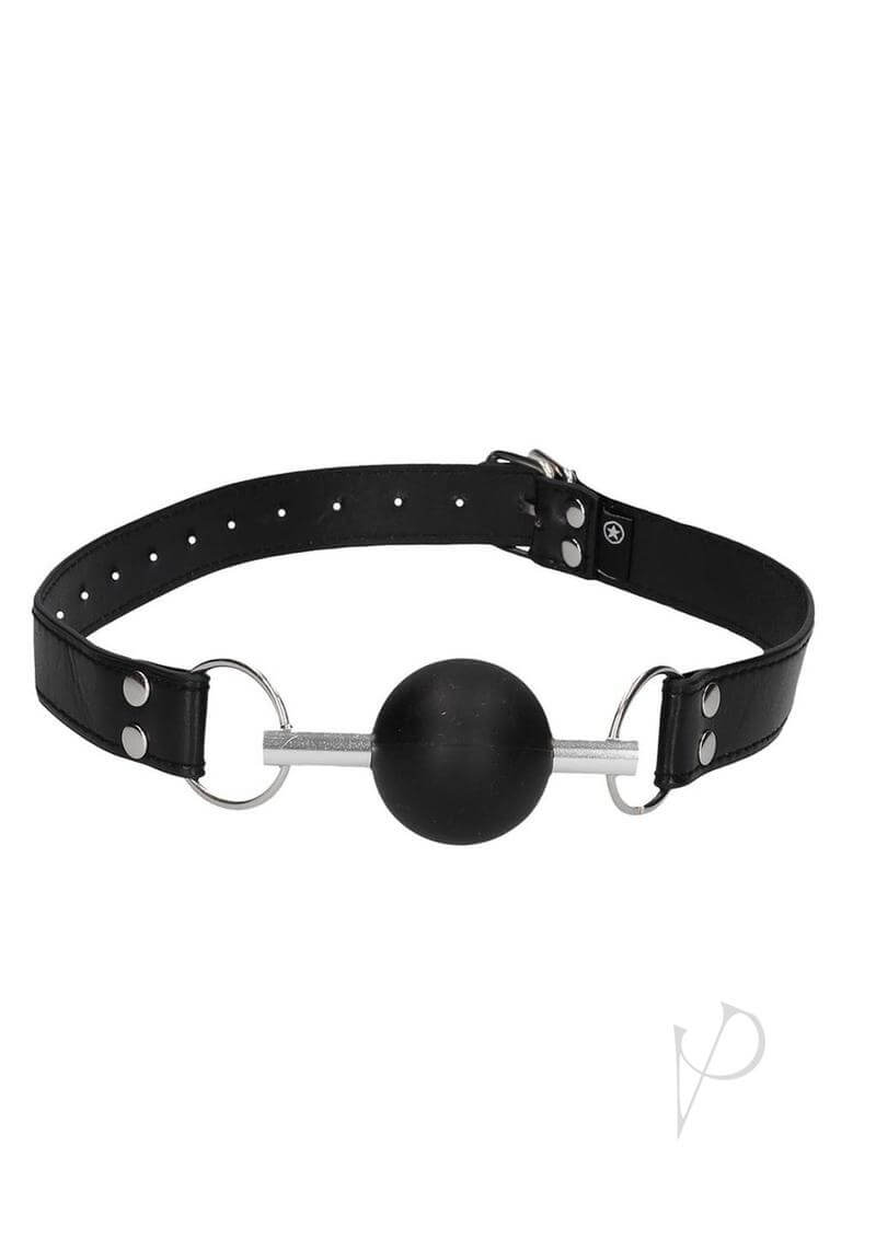 Ouch Solid Ball Gag with Bonded Leather Straps Black showing a sleek design and quality materials for restraint play.