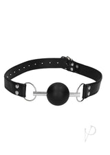 Ouch Solid Ball Gag with Bonded Leather Straps Black showing a sleek design and quality materials for restraint play.