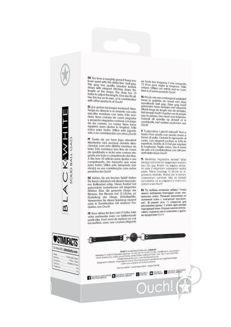 Ouch Solid Ball Gag with Bonded Leather Straps Black packaging features and product information.