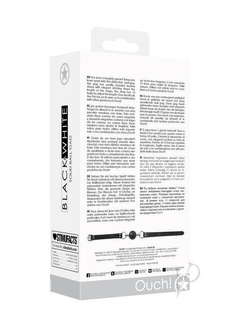 Ouch Solid Ball Gag with Bonded Leather Straps Black packaging features and product information.