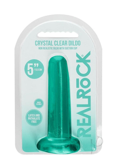 RealRock Crystal Clear Dildo with Suction Cup 5.3 inch in packaging, showcasing its see-through design and suction base.