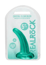RealRock Crystal Clear Dildo with Suction Cup 5 inch in packaging, showcasing its transparent design and features.