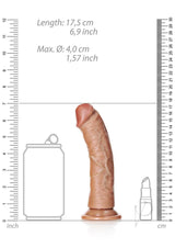 RealRock Curved Realistic Dildo Suction Cup 6 inch Caramel next to a measuring scale, showing dimensions.