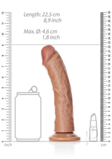 RealRock Curved Realistic Dildo Suction Cup 8 inch Caramel shown with size comparison for detailed dimensions.