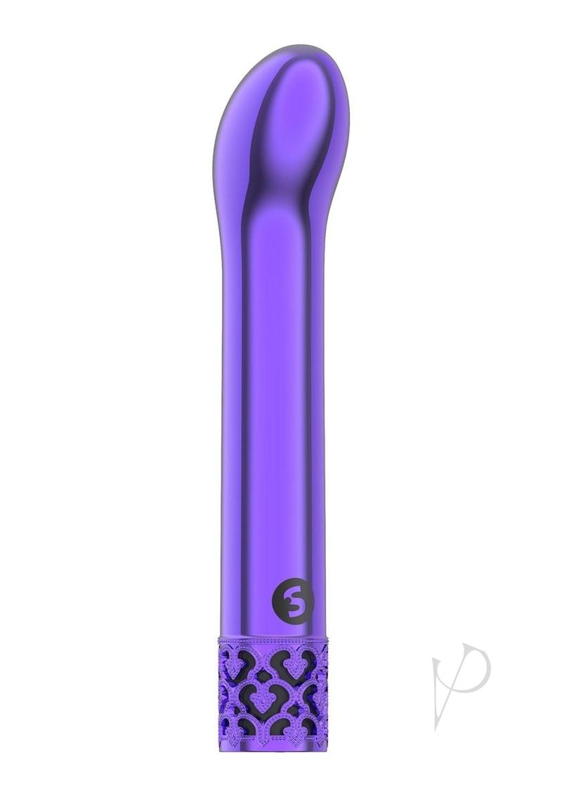 Royal Gems Jewel Rechargeable Bullet Purple sleek and elegant purple vibrator with a curved tip and metal finish.