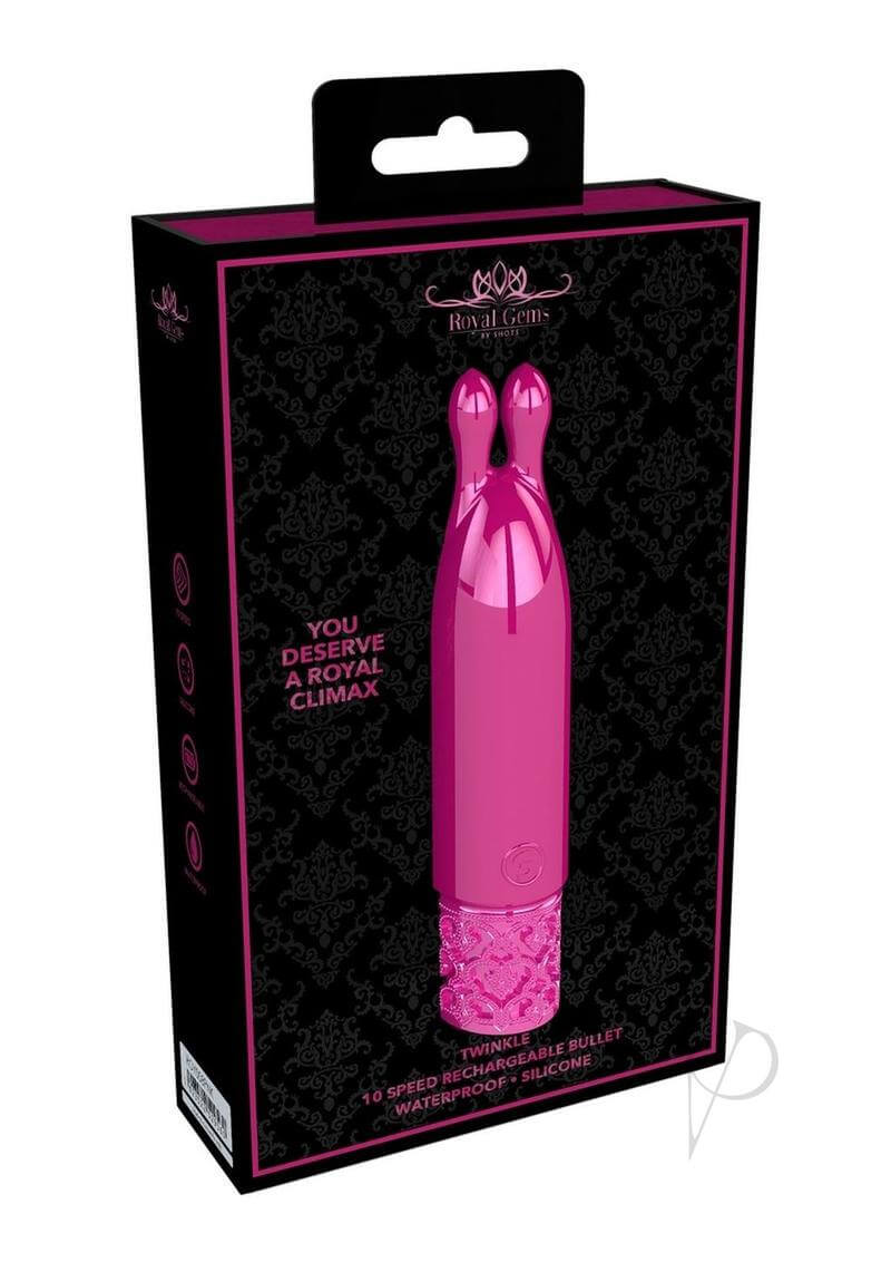 Royal Gems Twinkle Silicone Rechargeable Bullet Pink packaging showcasing a luxurious pink bullet vibe.