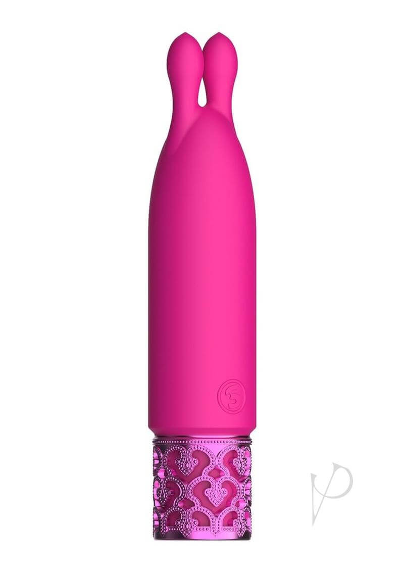 Royal Gems Twinkle Silicone Rechargeable Bullet Pink in vibrant pink silicone with intricate base design.