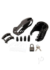 Acrylic See-thru Chastity Cage Black components including cage, rings, padlock, and keys.