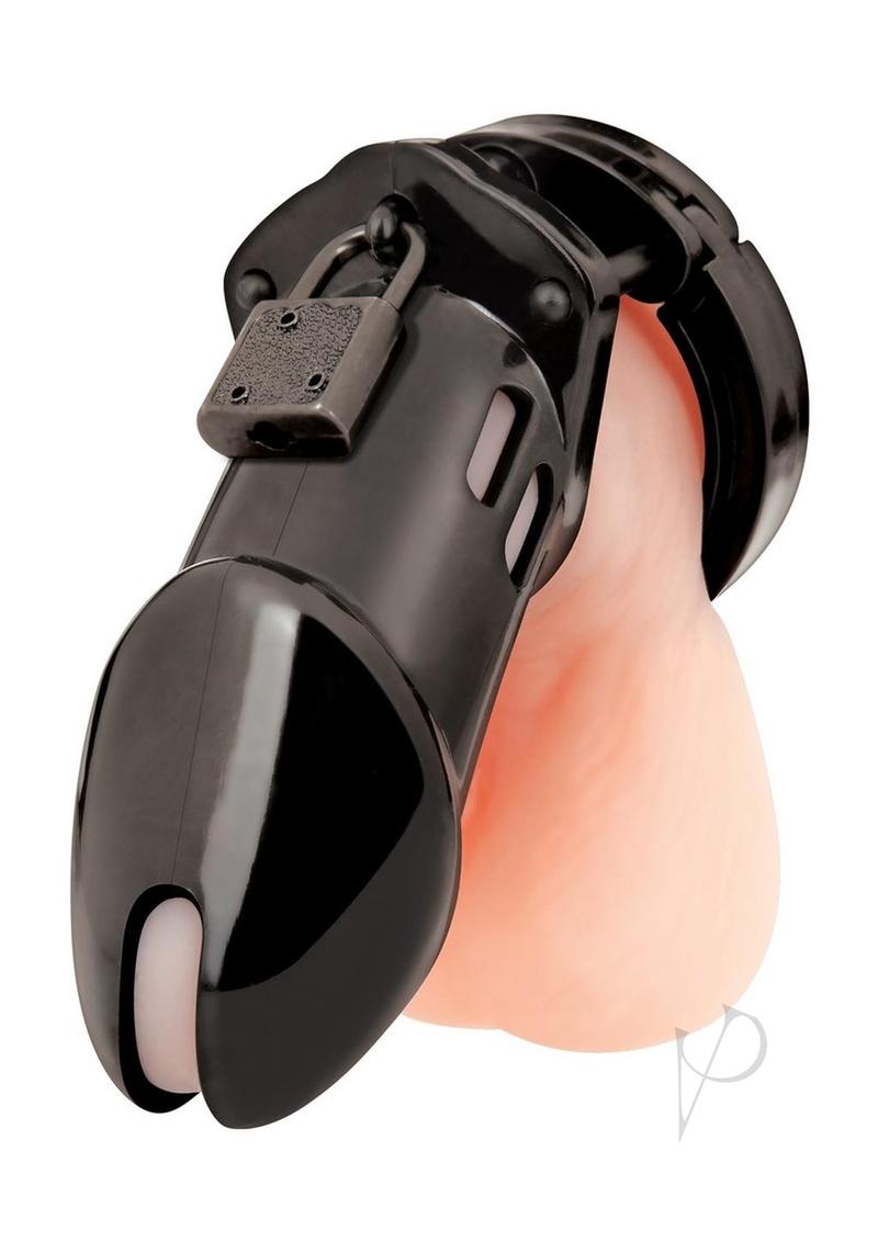 Acrylic See-thru Chastity Cage Black with lock and smooth design for comfort and control in power exchange.