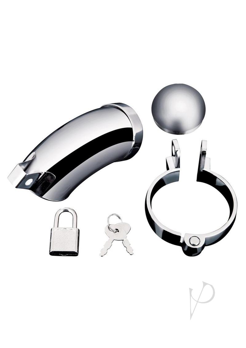 Total Submission Cage Stainless Steel chastity device with lock and keys for BDSM exploration.