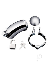Total Submission Cage Stainless Steel chastity device with lock and keys for BDSM exploration.