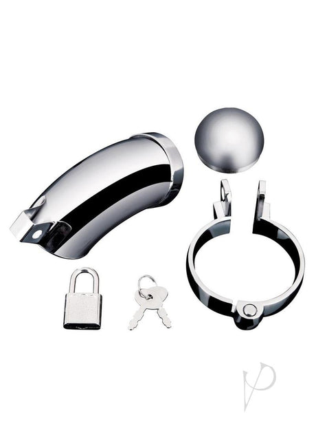 Total Submission Cage Stainless Steel chastity device with lock and keys for BDSM exploration.