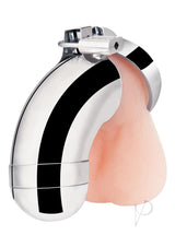 Total Submission Cage Stainless Steel close-up showing sturdy metal design and locking mechanism for chastity play.