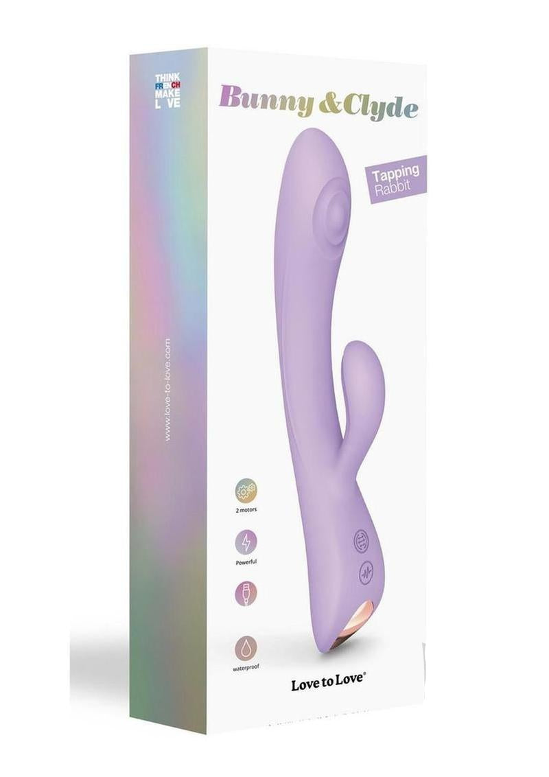 Bunny and Clyde Silicone Rabbit Vibrator Viva Mauve packaging design with tapping feature information.